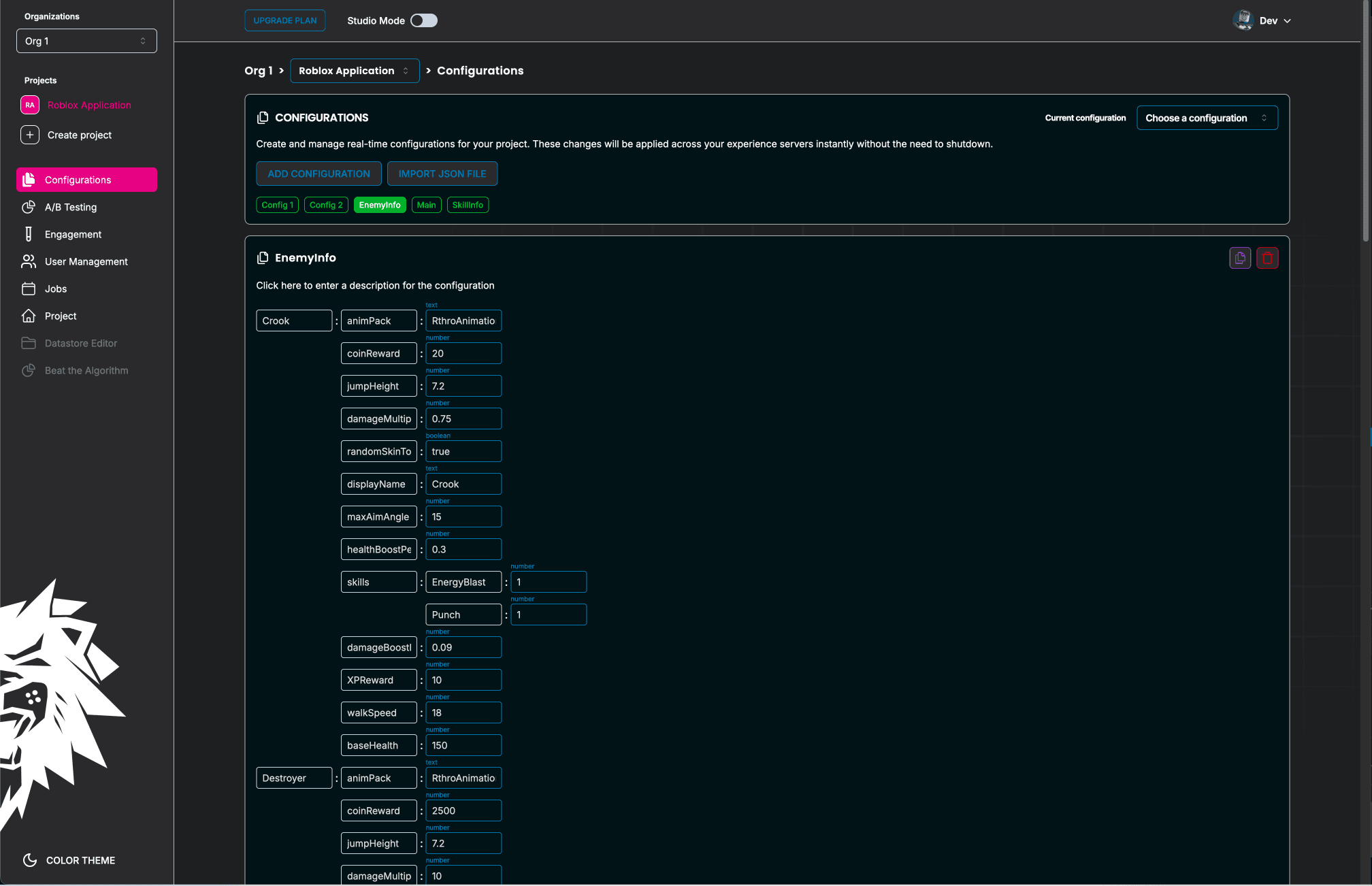 Remote configuration dashboard view example