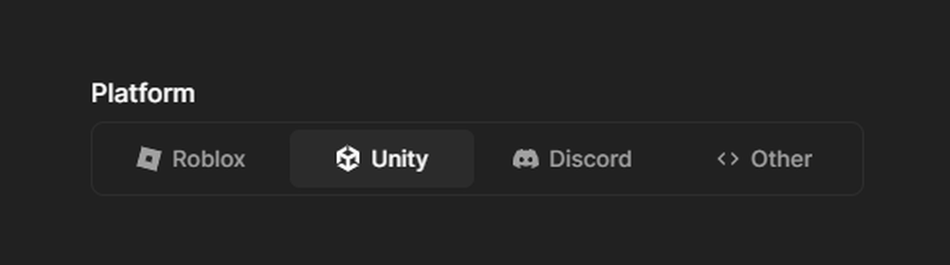 Platform picker showing Roblox, Unity, Discord and Other