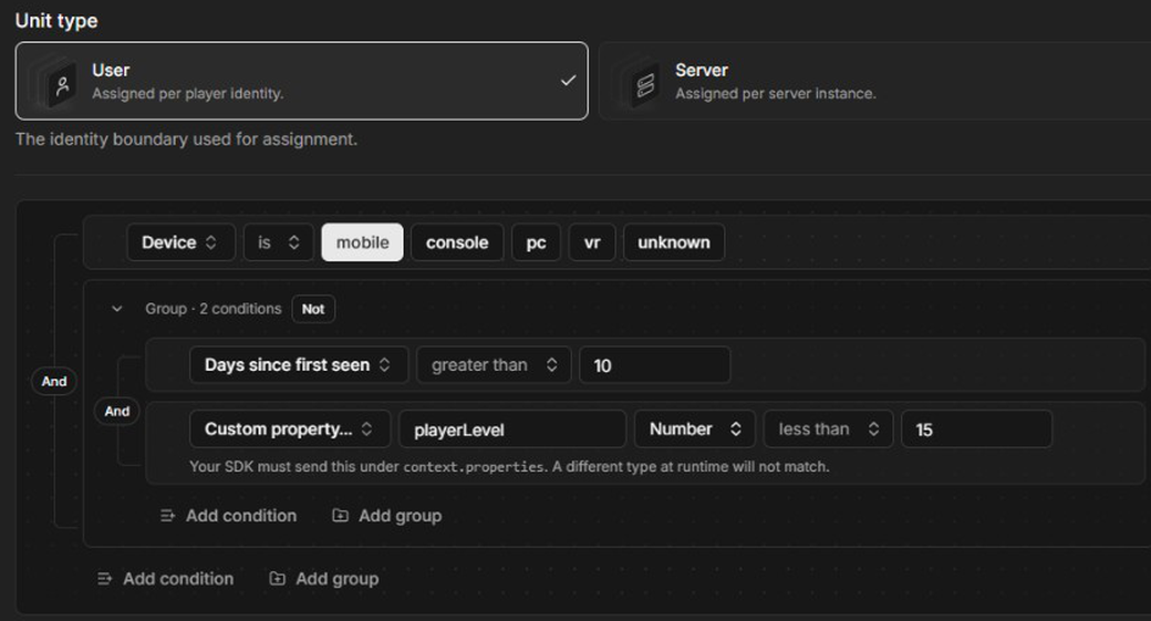 The Experiments v2 audience builder with nested condition groups and a custom property filter