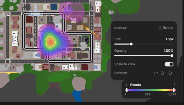 A Gamebeast heatmap over a game map, with the Display panel showing size, opacity, Scale to view, and rotation controls, and an Events legend with draggable range handles
