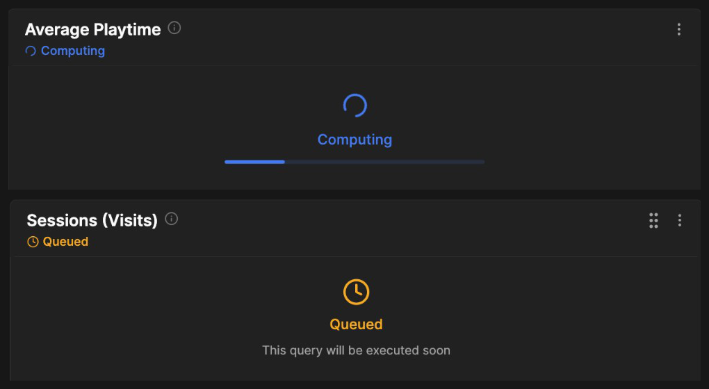 Two Gamebeast dashboard tiles, one computing with a progress bar and one queued waiting to be executed