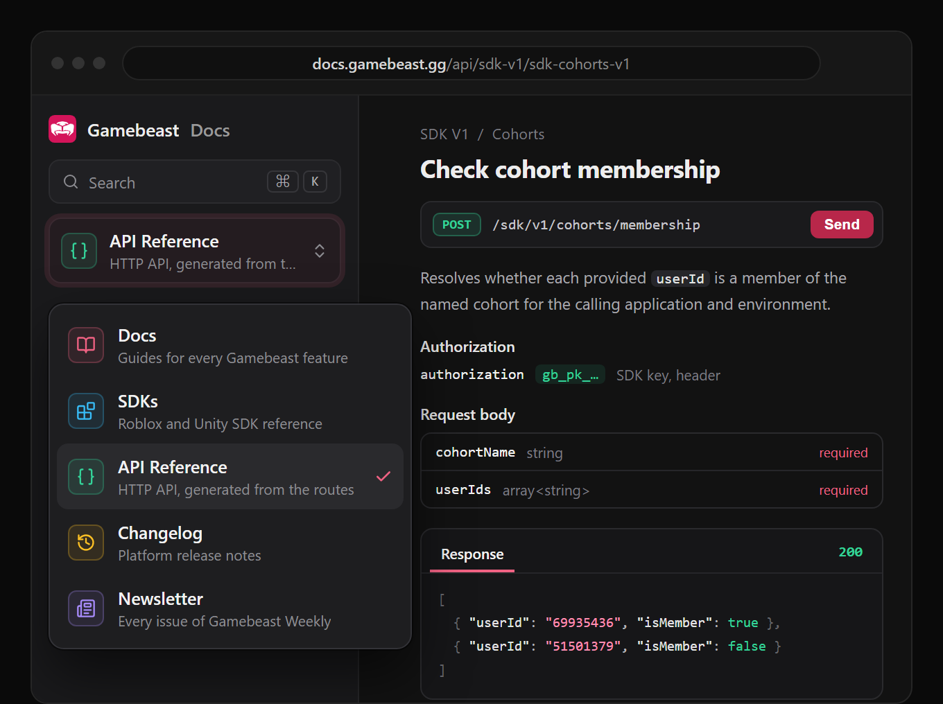 The new Gamebeast docs site with its section switcher open, listing Docs, SDKs, API Reference, Changelog, and Newsletter, each with its own colored icon, over the API reference page for checking cohort membership, showing its authorization, request body fields, and response