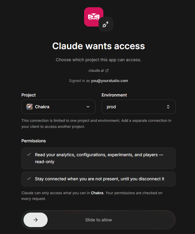 The Gamebeast consent screen reading Claude wants access, with a project and environment picker, two permissions (read-only access to analytics, configurations, experiments, and players, and staying connected until you disconnect), and a slide-to-allow control
