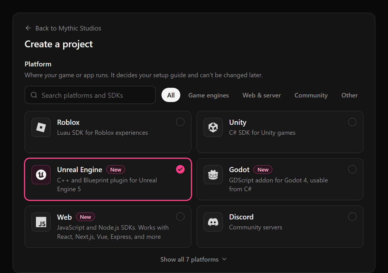 The Create a project page in Gamebeast, on the Platform step: a search box for platforms and SDKs, category tabs (All, Game engines, Web and server, Community, Other), and platform cards for Roblox, Unity, Unreal Engine, Godot, Web, and Discord. Unreal Engine, Godot, and Web are marked New, and Unreal Engine is selected. Below, Show all 7 platforms